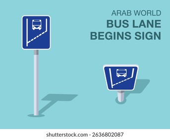 Traffic regulation rules. Isolated Arab world "bus lane begins" road sign. Front and top view. Flat vector illustration template.