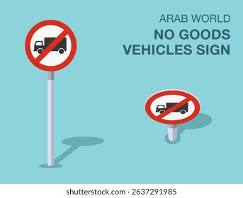 Traffic regulation rules. Isolated Arab world "no goods vehicles" road sign. Front and top view. Flat vector illustration template.