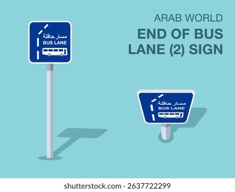 Traffic regulation rules. Isolated Arab world "end of bus lane (2)" road sign. Front and top view. Flat vector illustration template.