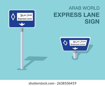 Traffic regulation rules. Isolated Arab world "express lane" road sign. Front and top view. Flat vector illustration template.