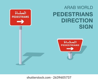 Traffic regulation rules. Isolated Arab world "pedestrians direction" road sign. Front and top view. Flat vector illustration template.