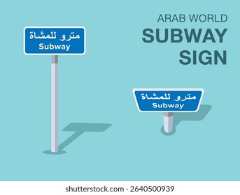 Traffic regulation rules. Isolated Arab world "subway" road sign. Front and top view. Flat vector illustration template.