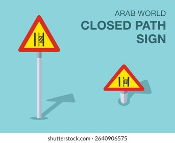 Traffic regulation rules. Isolated Arab world "closed path" road sign. Front and top view. Flat vector illustration template.