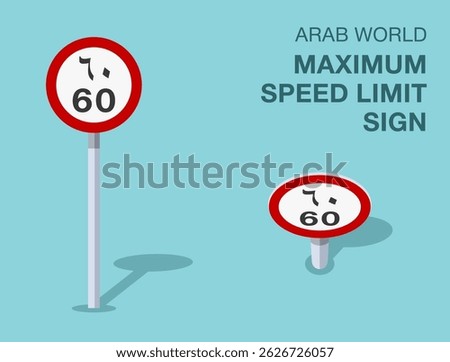 Traffic regulation rules. Isolated Arab world "maximum speed limit" road sign. Front and top view. Flat vector illustration template.