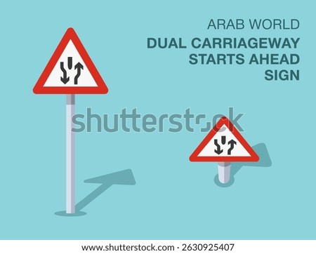 Traffic regulation rules. Isolated Arab world "dual carriageway starts ahead" road sign. Front and top view. Flat vector illustration template.