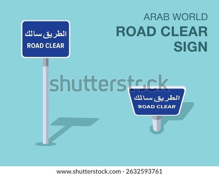 Traffic regulation rules. Isolated Arab world "road clear" road sign. Front and top view. Flat vector illustration template.