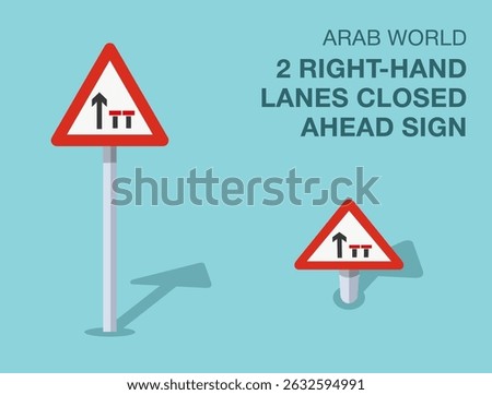 Traffic regulation rules. Isolated Arab world "two right-hand lanes closed ahead" road sign. Front and top view. Flat vector illustration template.