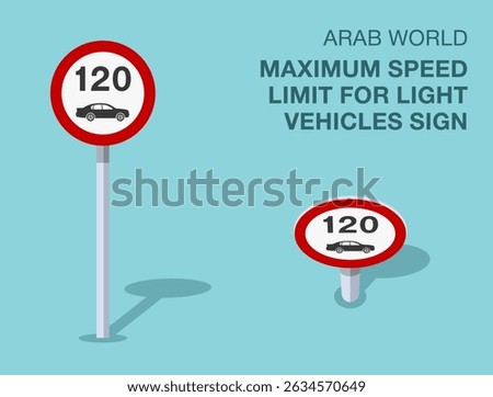 Traffic regulation rules. Isolated Arab world "maximum speed limit for light vehicles" road sign. Front and top view. Flat vector illustration template.