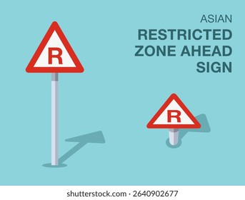 Traffic regulation rules. Isolated asian "restricted zone ahead" road sign. Front and top view. Flat vector illustration template.