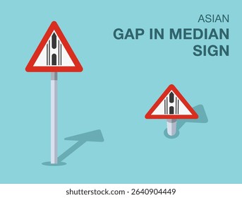 Traffic regulation rules. Isolated asian "gap in median" road sign. Front and top view. Flat vector illustration template.