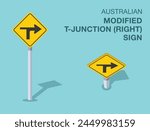 Traffic regulation rules. Isolated Australian "modified T-junction to the right" road sign. Front and top view. Flat vector illustration template.