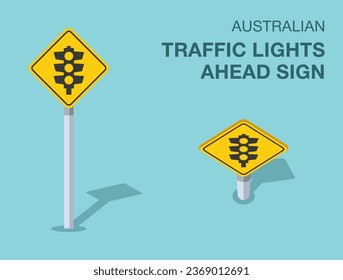 Normas de regulación del tráfico. Señal de avance de los semáforos australianos aislados. Vista frontal y superior. Plantilla de ilustración vectorial plana.