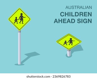 Verkehrsvorschriften. Alleinstehende australische Kinder vor dem Schild. Front- und Draufsicht. Flache Vektorgrafik-Vorlage.