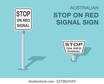 Normas de regulación del tráfico. Un australiano aislado se detiene en señal de señal roja. Vista frontal y superior. Plantilla de ilustración vectorial plana.