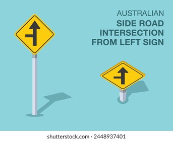 Normas de regulación del tráfico. Señal de "intersección lateral de la carretera desde la izquierda" australiana aislada. Vista frontal y superior. Plantilla de Ilustración vectorial plana.