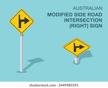 Traffic regulation rules. Isolated Australian "modified side road intersection to the right" road sign. Front and top view. Flat vector illustration template.