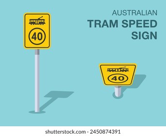 Traffic regulation rules. Isolated Australian "tram speed" road sign. Front and top view. Flat vector illustration template.