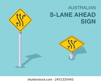 Traffic regulation rules. Isolated Australian "S-lane ahead" road sign. Front and top view. Flat vector illustration template.