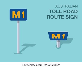 Traffic regulation rules. Isolated Australian "toll road route" sign. Front and top view. Flat vector illustration template.