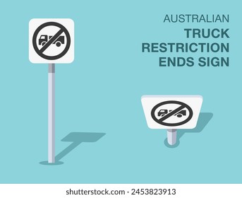 Traffic regulation rules. Isolated Australian "truck restriction ends" road sign. Front and top view. Flat vector illustration template.