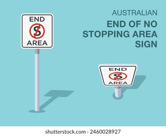 Traffic regulation rules. Isolated Australian "end of no stopping area" road sign. Front and top view. Flat vector illustration template.