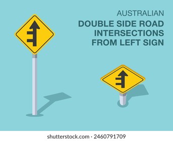 Traffic regulation rules. Isolated Australian "double side road intersections from left" road sign. Front and top view. Flat vector illustration template.