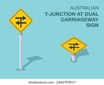 Verkehrsvorschriften. Isoliert Australian "T-Kreuzung an Dual Fahrbahn" Straßenschild. Vorderansicht und Draufsicht. Flache Vektorillustration Vorlage.