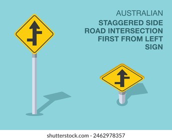 Traffic regulation rules. Isolated Australian "staggered side road intersection first from left" road sign. Front and top view. Flat vector illustration template.