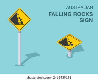 Traffic regulation rules. Isolated Australian "falling rocks" sign. Front and top view. Flat vector illustration template.