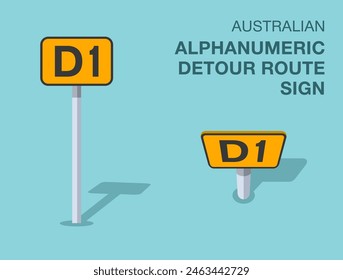 Traffic regulation rules. Isolated Australian "alphanumeric detour route" sign. Front and top view. Flat vector illustration template.