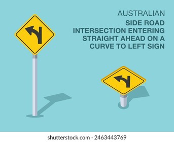 Traffic regulation rules. Isolated Australian "side road intersection entering straight ahead on a curve to left" sign. Front and top view. Flat vector illustration template.