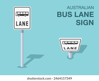 Traffic regulation rules. Isolated Australian "bus lane" road sign. Front and top view. Flat vector illustration template.