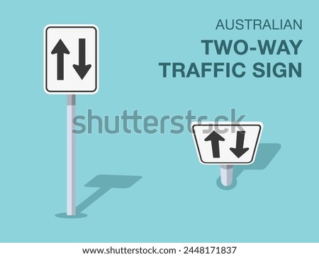 Traffic regulation rules. Isolated Australian "two-way traffic" road sign. Front and top view. Flat vector illustration template.