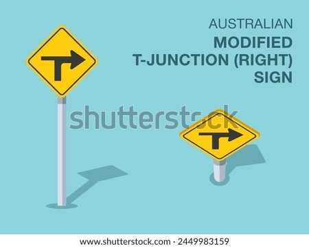 Traffic regulation rules. Isolated Australian "modified T-junction to the right" road sign. Front and top view. Flat vector illustration template.