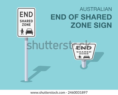Traffic regulation rules. Isolated Australian "end of shared zone" road sign. Front and top view. Flat vector illustration template.