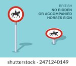 Traffic regulation rules. Isolated British "no ridden or accompanied horses" road sign. Front and top view. Flat vector illustration template.