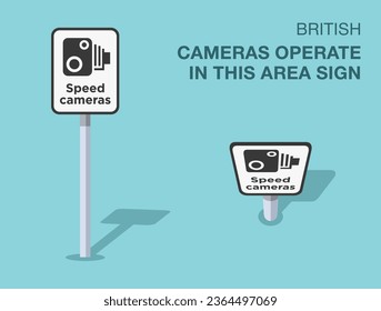 Traffic regulation rules. Isolated British cameras operate in this area sign. Front and top view. Flat vector illustration template.