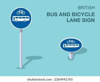 Normas de regulación del tráfico. Señal de carril para bicicletas y autobuses británicos aislados. Vista frontal y superior. Plantilla de ilustración vectorial plana.