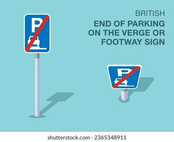 Traffic regulation rules. Isolated British end of parking on the verge or footway sign. Front and top view. Flat vector illustration template.