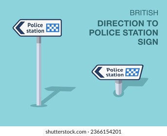 Normas de regulación del tráfico. Señal aislada de dirección británica a la estación de policía. Vista frontal y superior. Plantilla de ilustración vectorial plana.