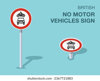 Traffic regulation rules. Isolated British no motor vehicles sign. Front and top view. Flat vector illustration template.