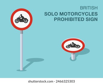 Normas de regulación del tráfico. Señal de tránsito británica "solo motos prohibidas" aislada. Vista frontal y superior. Plantilla de Ilustración vectorial plana.