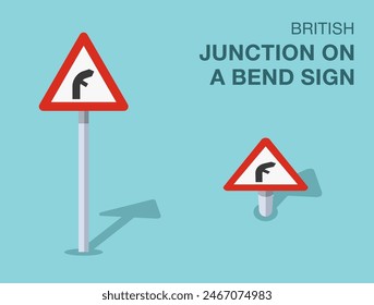 Traffic regulation rules. Isolated British "junction on a bend" road sign. Front and top view. Flat vector illustration template.
