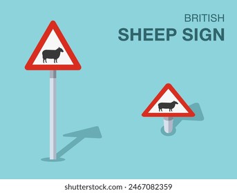 Traffic regulation rules. Isolated British "sheep" road sign. Front and top view. Flat vector illustration template.