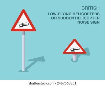 Normas de regulación del tráfico. Señal de tránsito británica aislada de "helicópteros de vuelo bajo o ruido repentino de helicópteros". Vista frontal y superior. Plantilla de Ilustración vectorial plana.