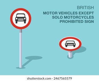 Traffic regulation rules. Isolated British "motor vehicles except solo motorcycles prohibited" road sign. Front and top view. Flat vector illustration template.