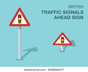 Traffic regulation rules. Isolated British "traffic signals ahead" road sign. Front and top view. Flat vector illustration template.