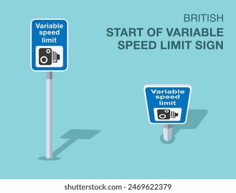 Traffic regulation rules. Isolated British "start of variable speed limit" road sign. Front and top view. Flat vector illustration template.