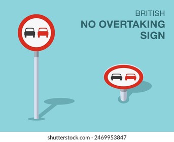 Traffic regulation rules. Isolated British "no overtaking" road sign. Front and top view. Flat vector illustration template.