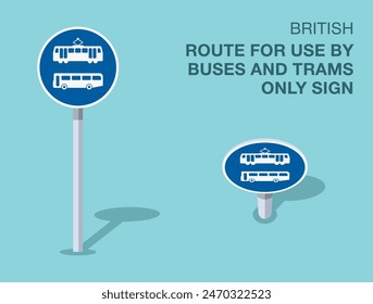 Traffic regulation rules. Isolated British "route for use by buses and trams only" road sign. Front and top view. Flat vector illustration template.